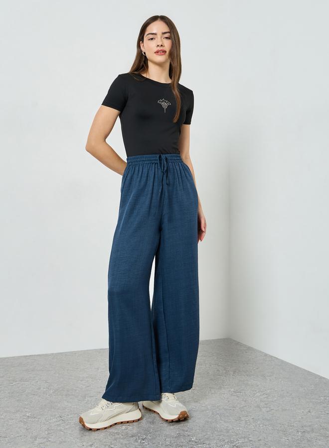 Styli Navy Blue Wide Leg Linen Look Pants - Image 4